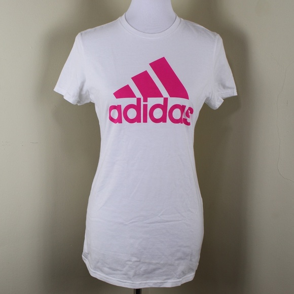 white adidas shirt with pink logo